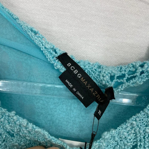 New BCBGMaxAzria Blue Turquoise Mixed Media Boho Crochet Chiffon Poncho Top XL - Picture 2 of 12
